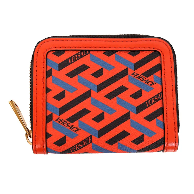 NEW $450 VERSACE RUNWAY Red Coated Canvas LA GRECA MODULAR Compact ZIP WALLET