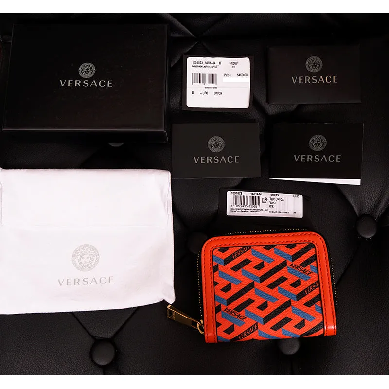 NEW $450 VERSACE RUNWAY Red Coated Canvas LA GRECA MODULAR Compact ZIP WALLET