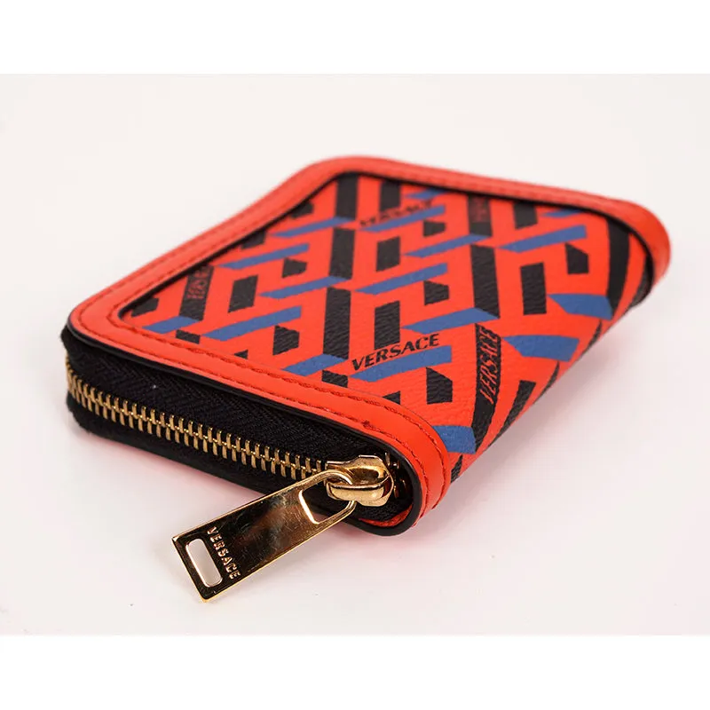 NEW $450 VERSACE RUNWAY Red Coated Canvas LA GRECA MODULAR Compact ZIP WALLET