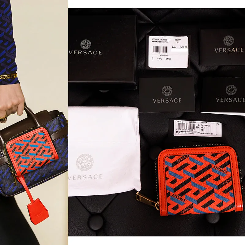 NEW $450 VERSACE RUNWAY Red Coated Canvas LA GRECA MODULAR Compact ZIP WALLET