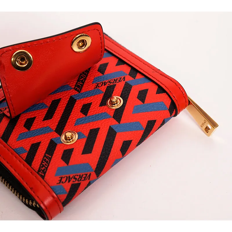 NEW $450 VERSACE RUNWAY Red Coated Canvas LA GRECA MODULAR Compact ZIP WALLET