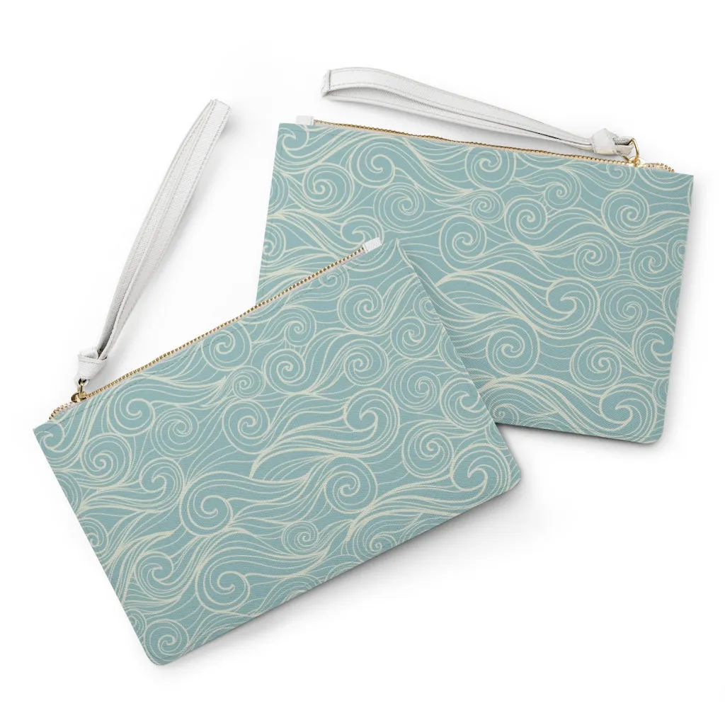 Ocean Waves Wristlet Wallet Clutch Bag Purse, Blue Pastel Sea Vegan Leather with Pocket Zipper Evening Modern Wrist Phone Pouch for Women