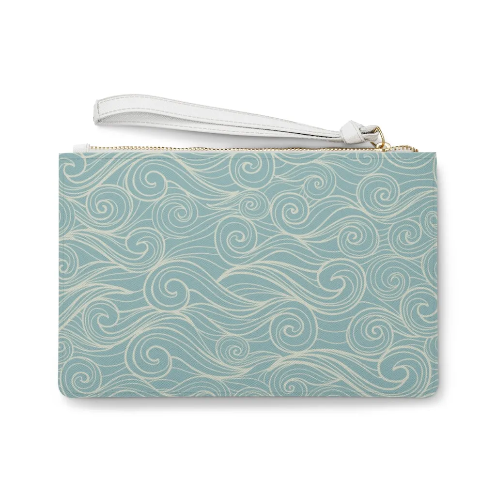 Ocean Waves Wristlet Wallet Clutch Bag Purse, Blue Pastel Sea Vegan Leather with Pocket Zipper Evening Modern Wrist Phone Pouch for Women