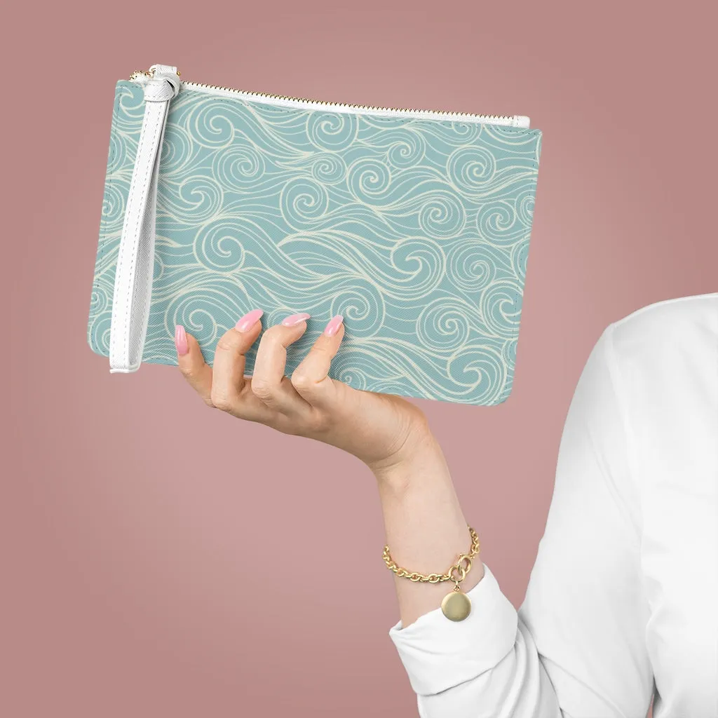 Ocean Waves Wristlet Wallet Clutch Bag Purse, Blue Pastel Sea Vegan Leather with Pocket Zipper Evening Modern Wrist Phone Pouch for Women