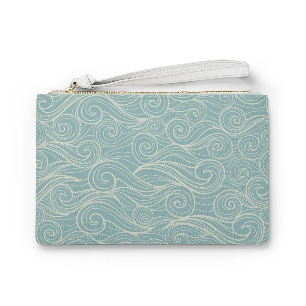 Ocean Waves Wristlet Wallet Clutch Bag Purse, Blue Pastel Sea Vegan Leather with Pocket Zipper Evening Modern Wrist Phone Pouch for Women