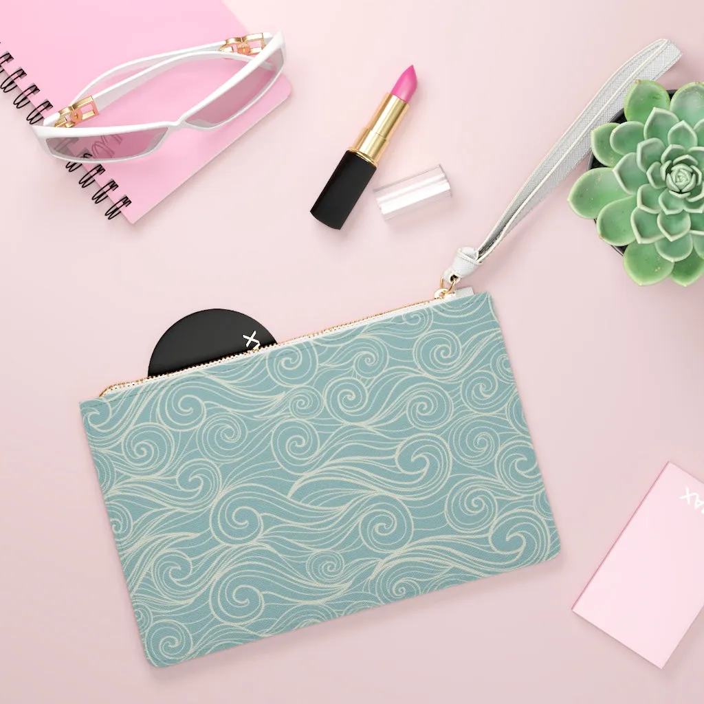 Ocean Waves Wristlet Wallet Clutch Bag Purse, Blue Pastel Sea Vegan Leather with Pocket Zipper Evening Modern Wrist Phone Pouch for Women