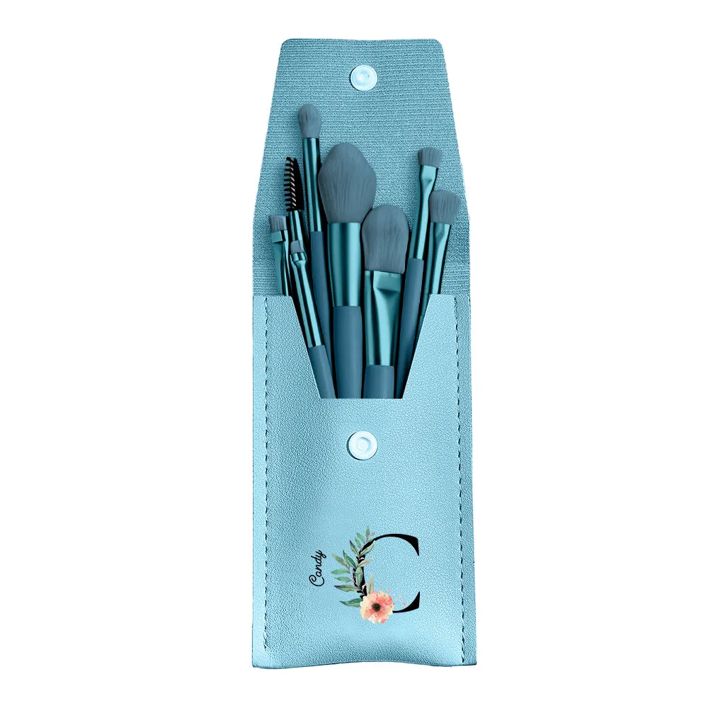 Personalized Flower Leather Makeup Brush Bag with 8 Pcs Makeup Brushes Gift for Her