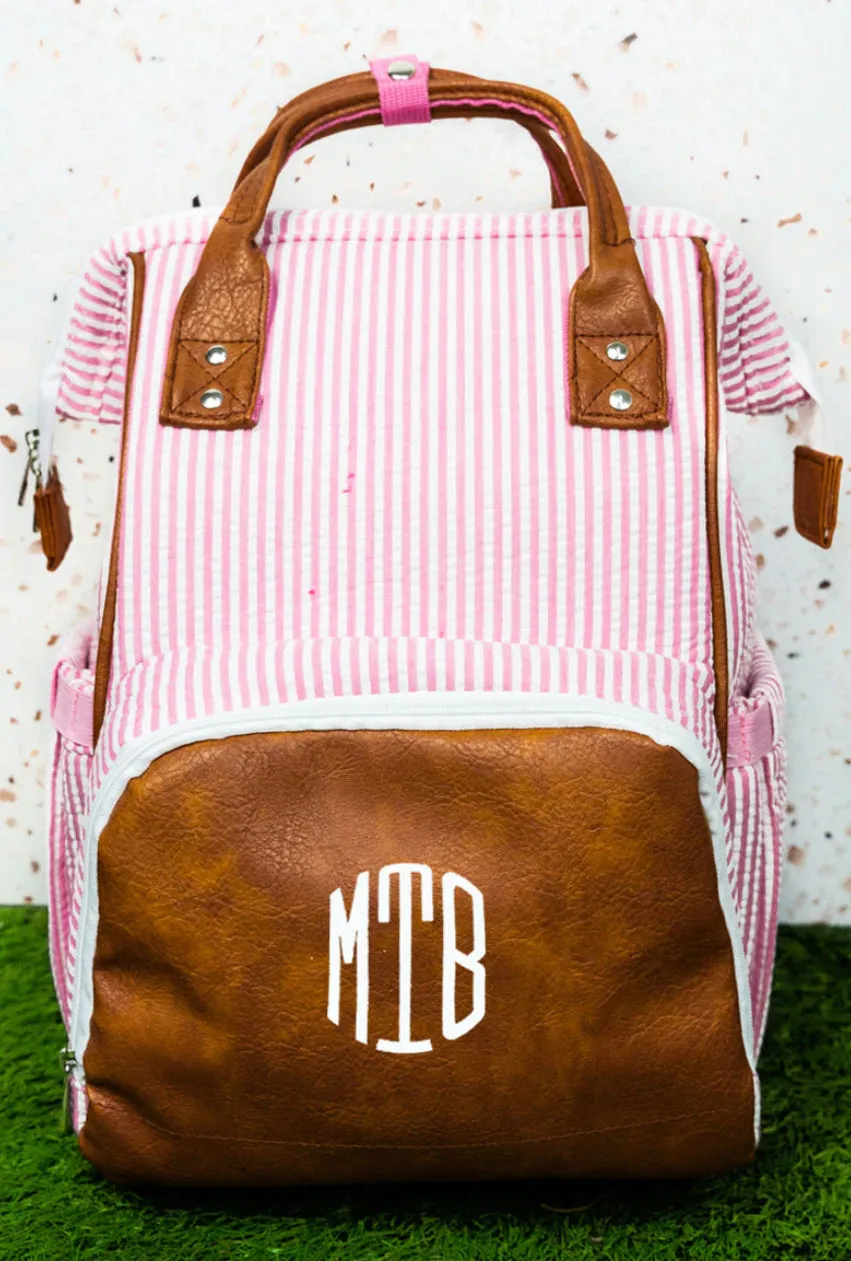 Pink Seersucker Diaper Bag Back Pack (High Quality Canvas NGIL Brand)