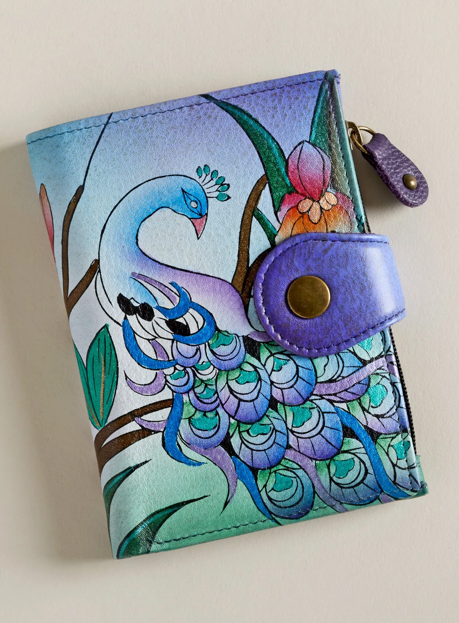 Purple Peacock Hand-Painted Leather Wallet
