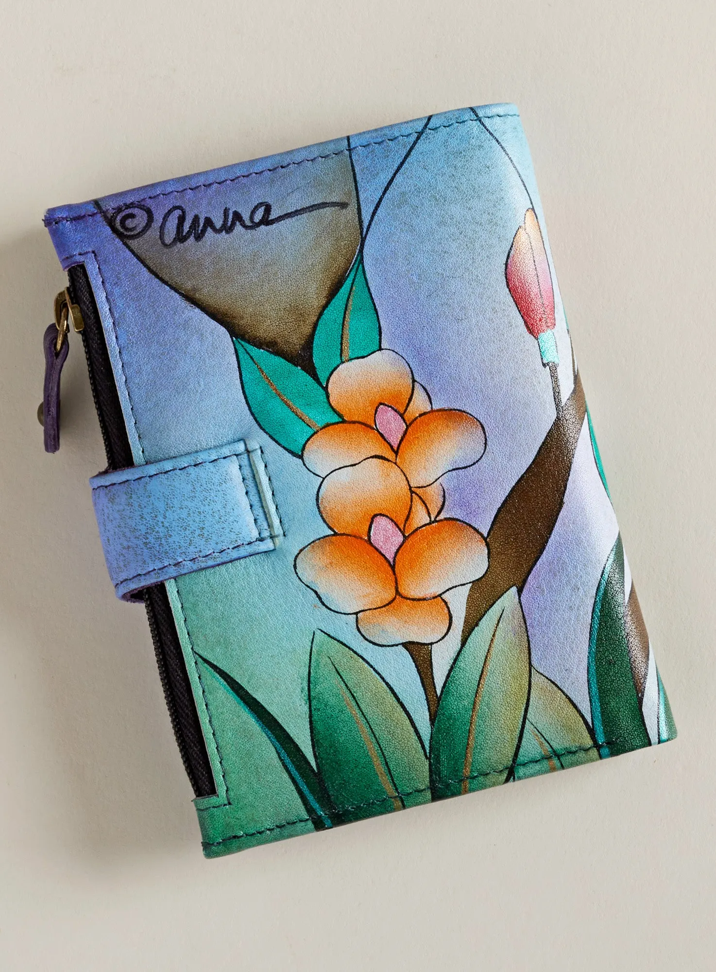 Purple Peacock Hand-Painted Leather Wallet