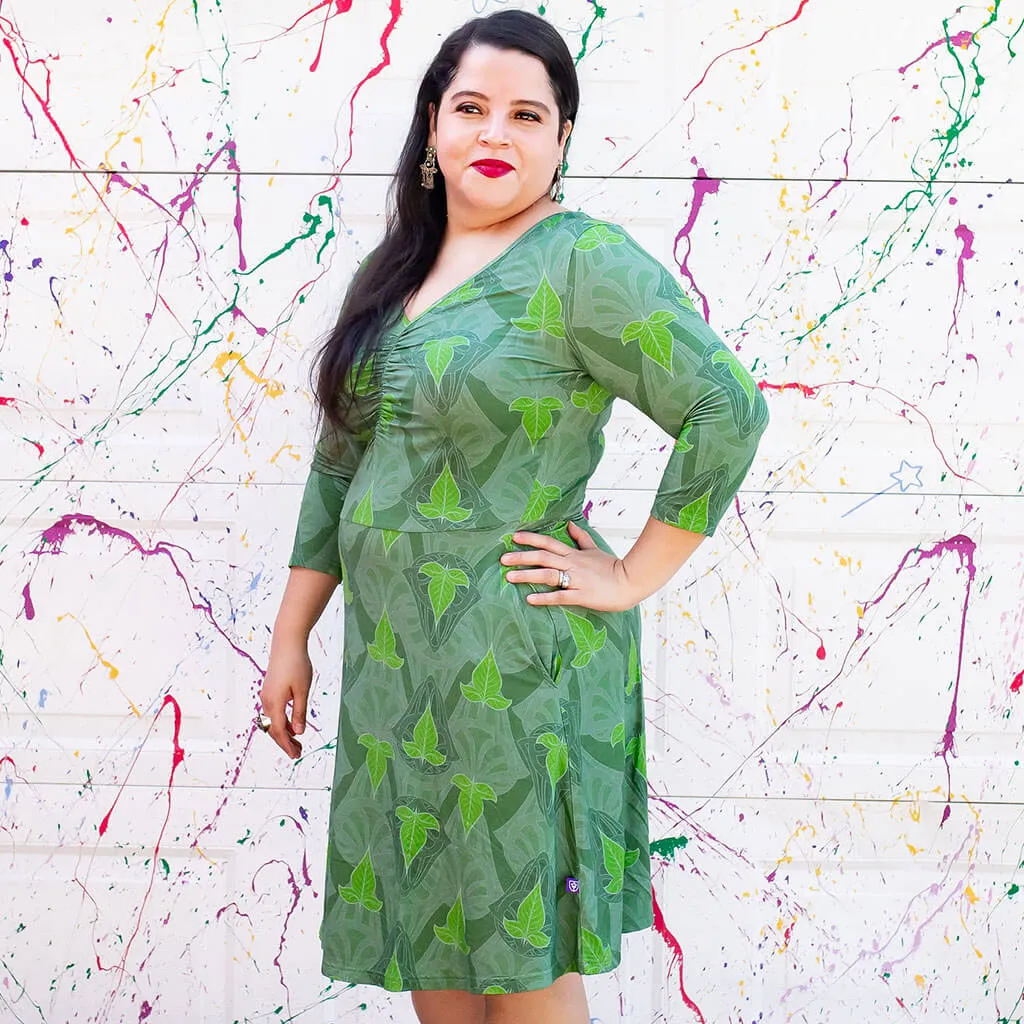 "Precious Ivy" Elven Leaves V-Neck A-Line Adult Dress with Sleeves and with Pockets