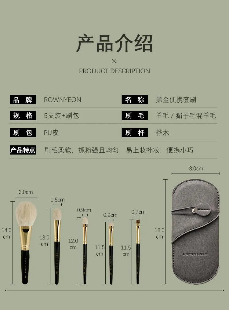 Rownyeon Portable Wool Makeup Brush 5-in-Set Black RY001