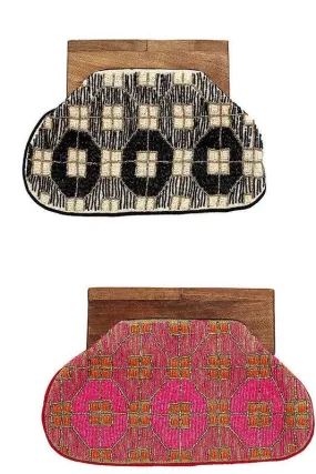 Seed Bead Pattern Wood Top Fashion Clutch Bag