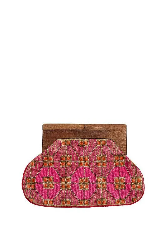 Seed Bead Pattern Wood Top Fashion Clutch Bag