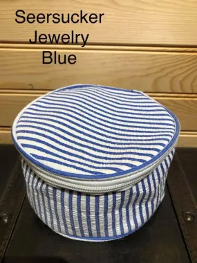 Seersucker Round Jewelry Pouch - Blue