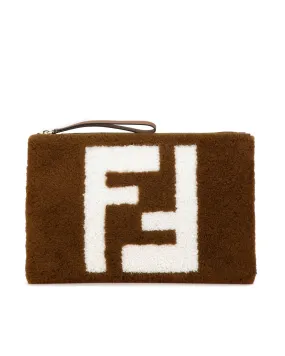Shearling Flat Pouch with Leather Wrist Strap and Zip Closure