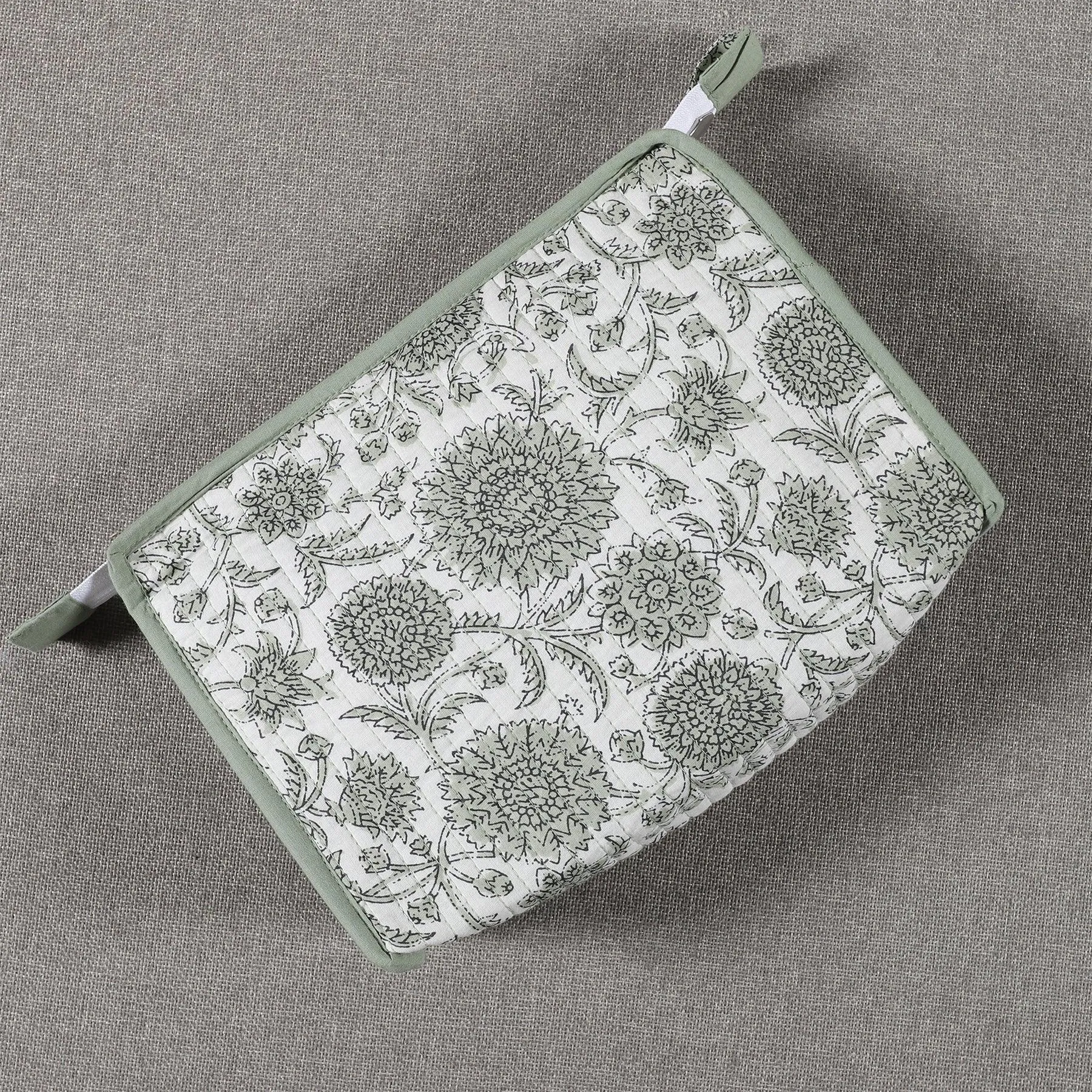 Sunflower Jaal Green Quitlted Cotton Toilet Bag