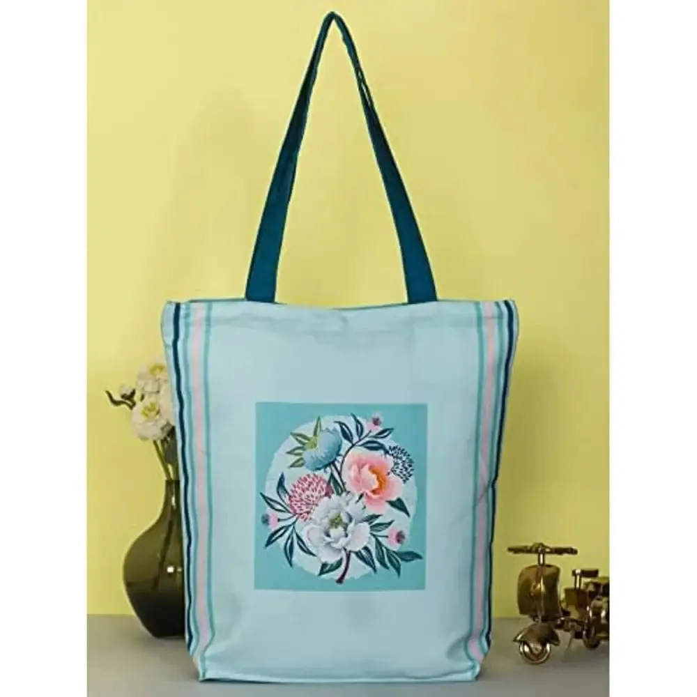 Tikuli Polyester Durable Canvas Large Size Printed Tote Bag for Women with ZIP (Blue-0)