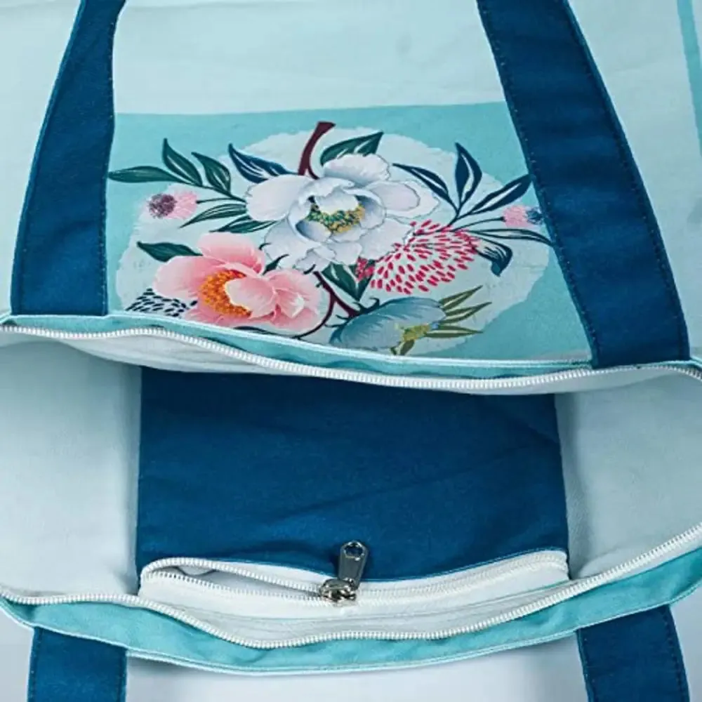 Tikuli Polyester Durable Canvas Large Size Printed Tote Bag for Women with ZIP (Blue-0)