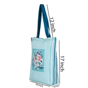 Tikuli Polyester Durable Canvas Large Size Printed Tote Bag for Women with ZIP (Blue-0)