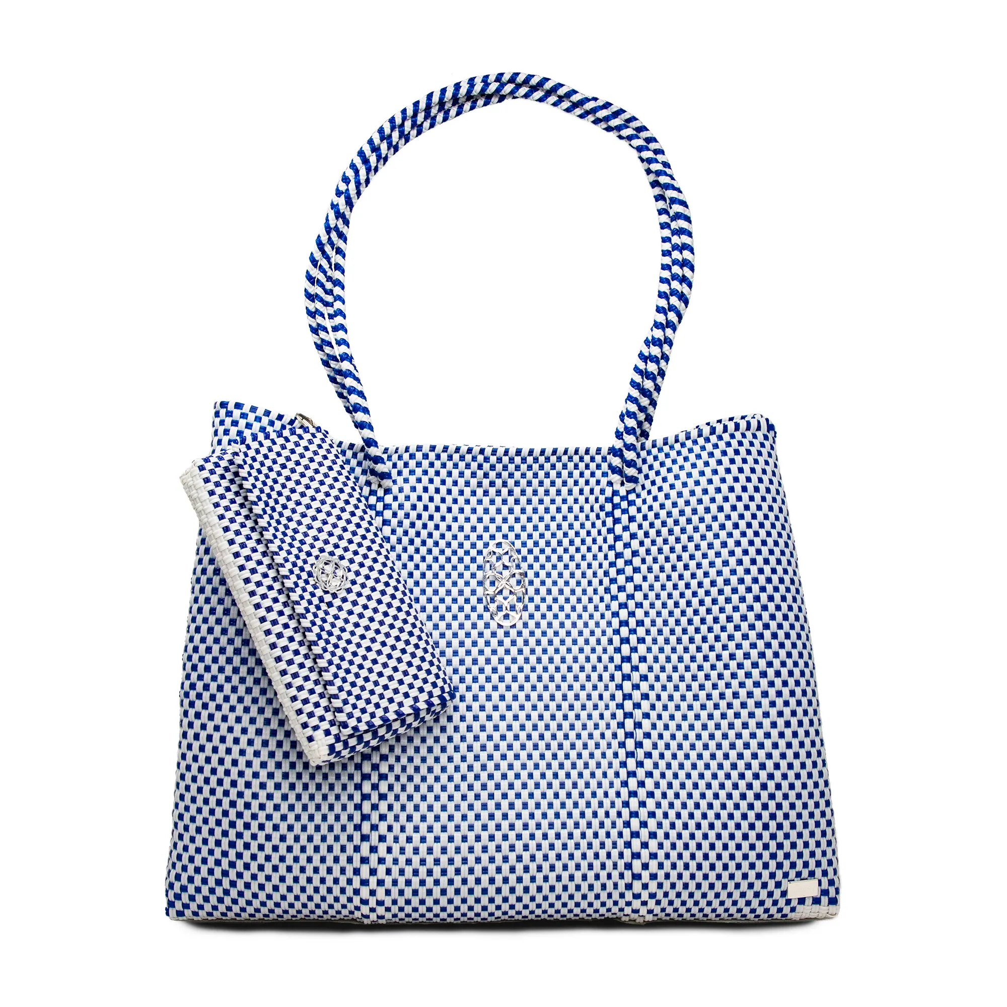 TRAVEL WHITE BLUE CHECKERED TOTE WITH CLUTCH