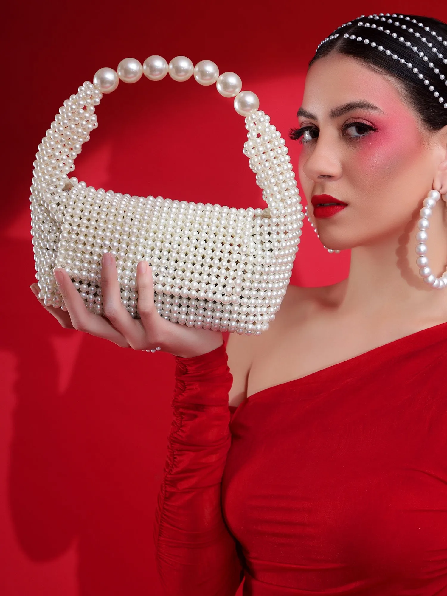 White ladies purse pearls handbag and shoulder bag for women