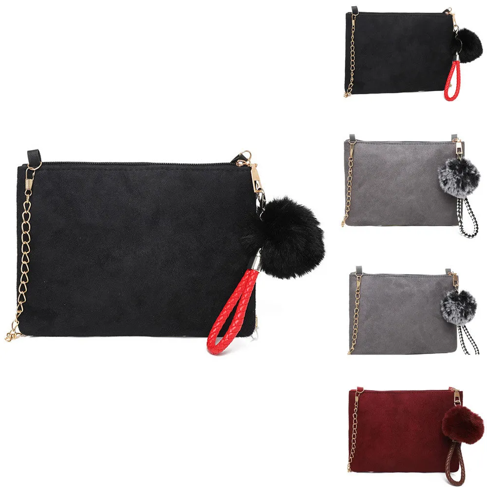 Women Hairball Clutch Bag Solid Color Street Style  Sued Clutch