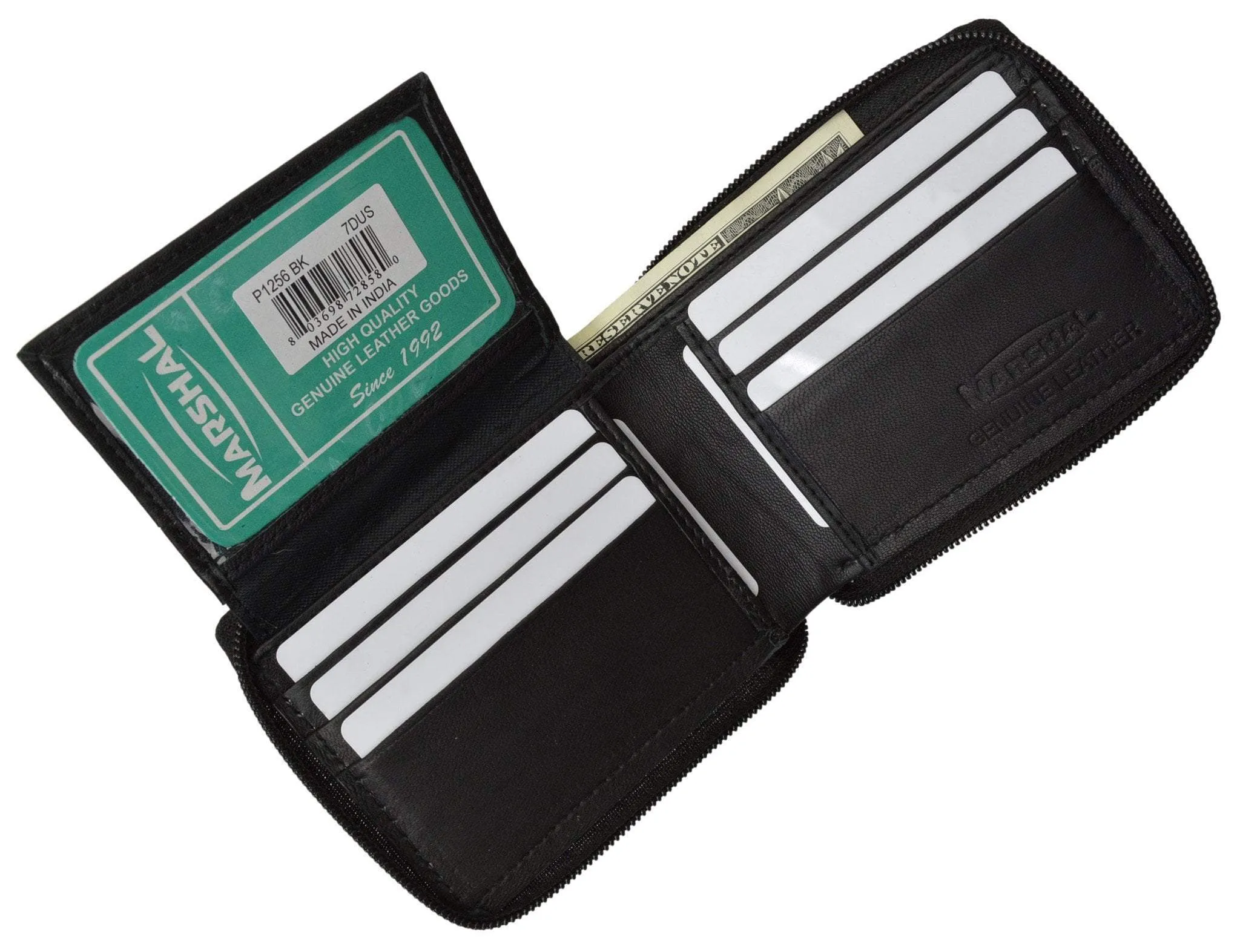 Zippered Bifold Men's Wallet Deluxe Credit Card Flip Genuine Lamb Leather P 1256 (C)