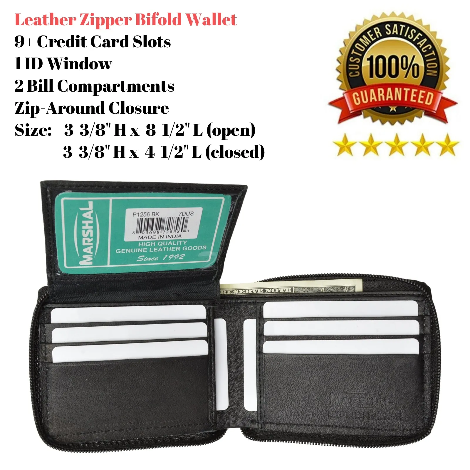 Zippered Bifold Men's Wallet Deluxe Credit Card Flip Genuine Lamb Leather P 1256 (C)