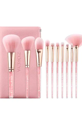 Z'oreya 10 Super Soft Pink Crystal Makeup Brush Set Pink Leather Bag