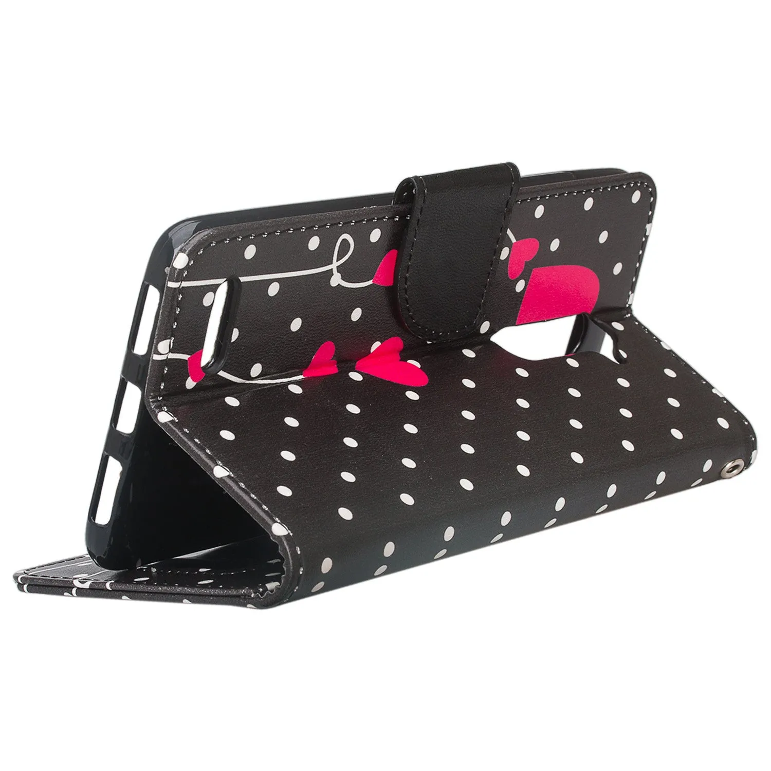ZTE ZMAX Pro Case | Blade X Max | ZTE Carry | ZTE Grand X Max 2 Case | ZTE Imperial Max Case | Max Duo Wrist Strap Pu Leather Magnetic Fol[Kickstand] Wallet Case[ID & Card Slots] - Polka Dot Hearts