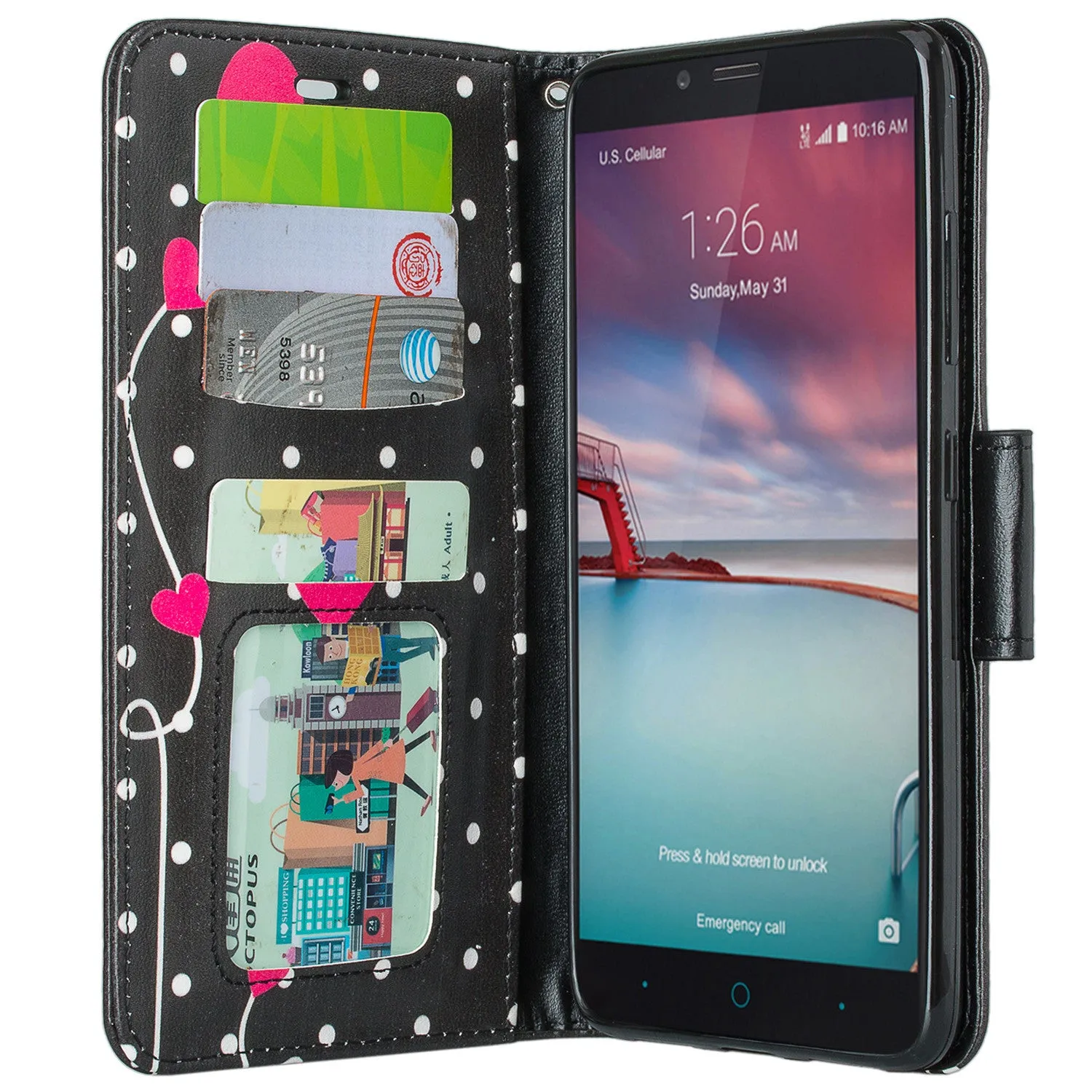 ZTE ZMAX Pro Case | Blade X Max | ZTE Carry | ZTE Grand X Max 2 Case | ZTE Imperial Max Case | Max Duo Wrist Strap Pu Leather Magnetic Fol[Kickstand] Wallet Case[ID & Card Slots] - Polka Dot Hearts
